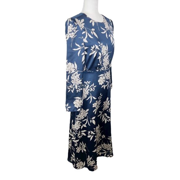 Vince Camuto Dress Women Small Blue White Floral Satin Sheen Midi Long Sleeve - Picture 4 of 15